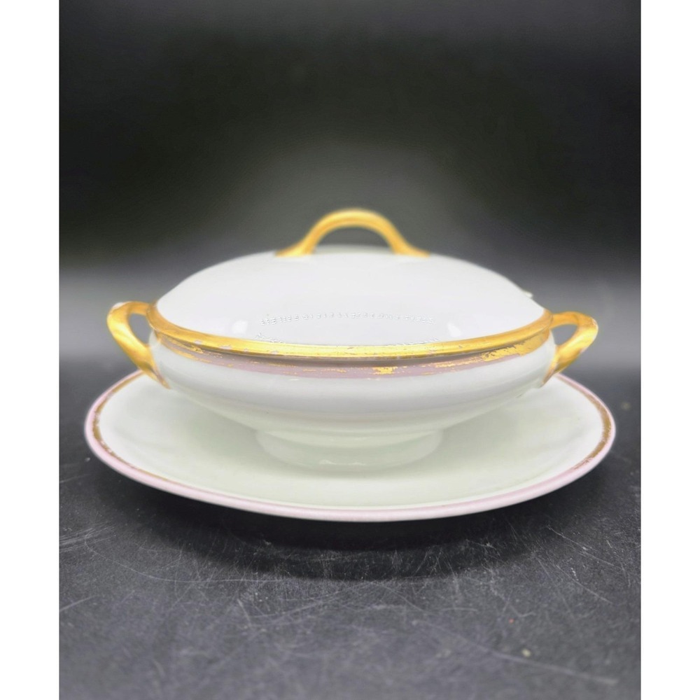 Antique UC Limoges Lidded Sauce Gravy Boat W Attached Underplate 9" France